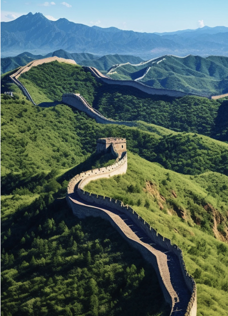 Aerial view of the Great Wall of China winding through lush green mountains under a clear blue sky.